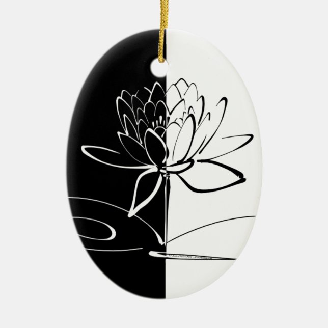 Yin Yang Black White Lotus Blossom Ceramic Tree Decoration (Front)