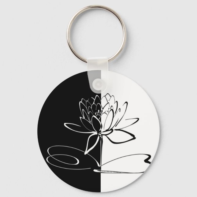 Yin Yang Black White Lotus Blossom Key Ring (Front)