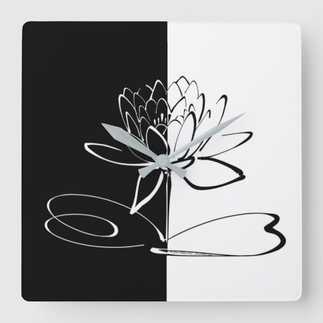 Yin Yang Black White Lotus Blossom Square Wall Clock (Front)