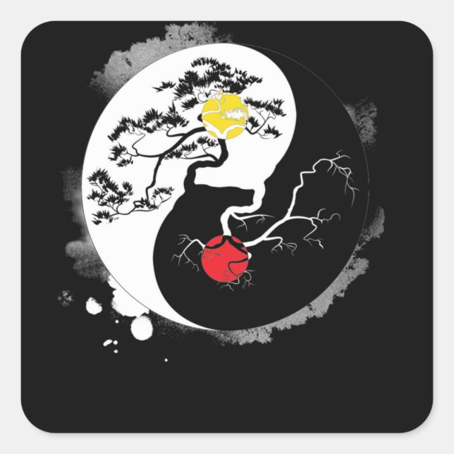 Yin Yang Bonsai Tree Japanese Buddhist Zen Square Sticker (Front)