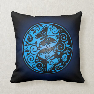 Yin Yang Butterflies, blue & black Cushion