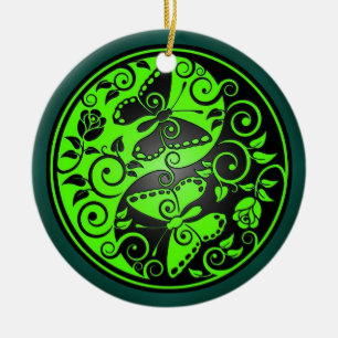 Yin Yang Butterflies, green & black Ceramic Tree Decoration