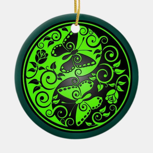 Yin Yang Butterflies, green & black Ceramic Tree Decoration (Front)