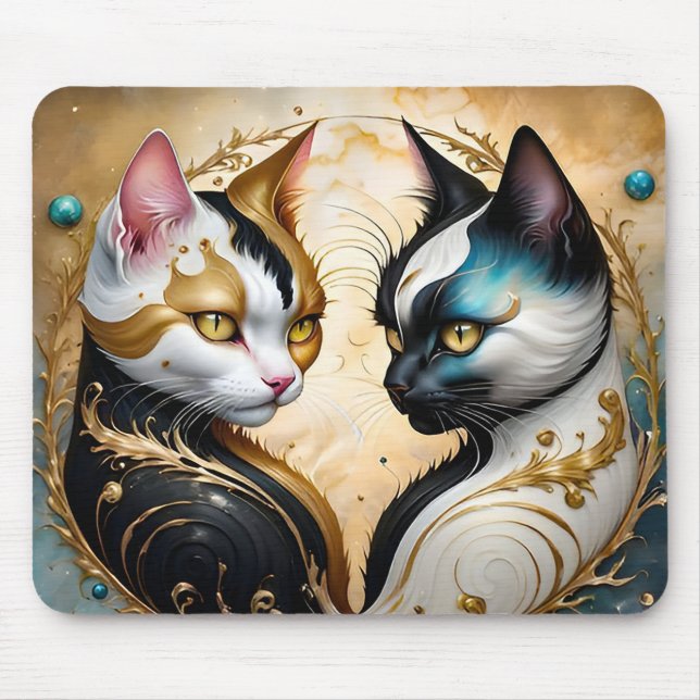Yin-Yang Cats with Magical Cosmic Elements Mouse Pad (Front)