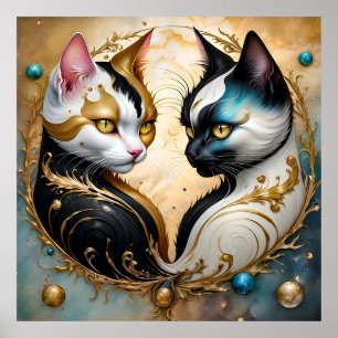 Yin-Yang Cats with Magical Cosmic Elements Poster