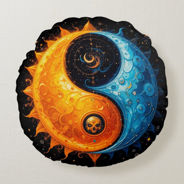 Yin Yang Design Representing Sun and Moon Round Cushion (Front)
