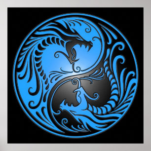 Yin Yang Dragons, blue and black Poster