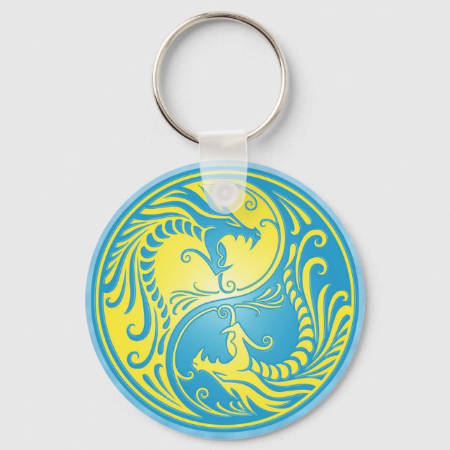 Yin Yang Dragons, blue and yellow Key Ring (Front)