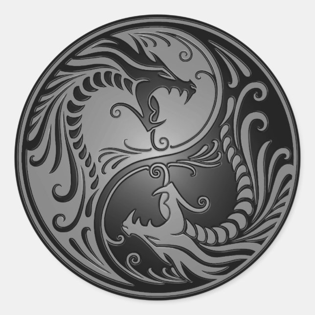 Yin Yang Dragons, grey and black Classic Round Sticker (Front)