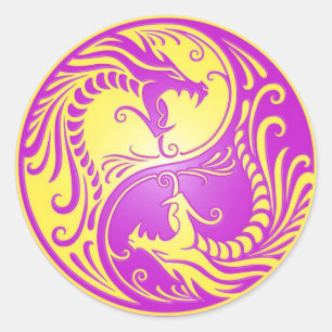 Yin Yang Dragons, purple and yellow Classic Round Sticker