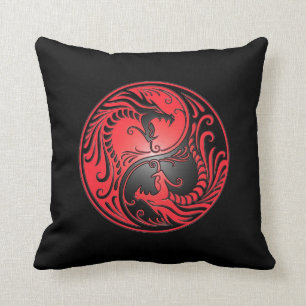 Yin Yang Dragons, red and black Cushion
