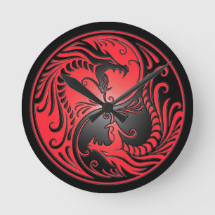 Yin Yang Dragons, red and black Round Clock