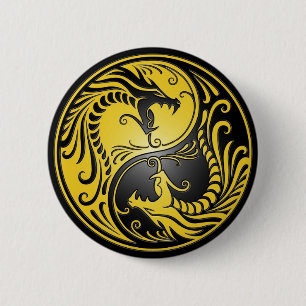 Yin Yang Dragons, yellow and black 6 Cm Round Badge