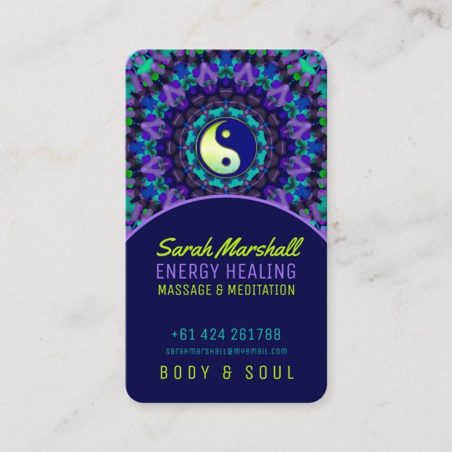 Yin Yang Energy Healing Purple Blue Bright Green Business Card (Front)