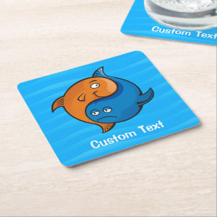 Yin Yang Fish Cartoon Square Paper Coaster