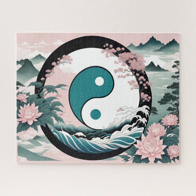 Yin Yang, Floral Mountain Pink Sage Teal Jigsaw Puzzle (Horizontal)