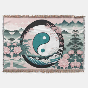 Yin Yang, Floral Mountain Pink Sage Teal Throw Blanket