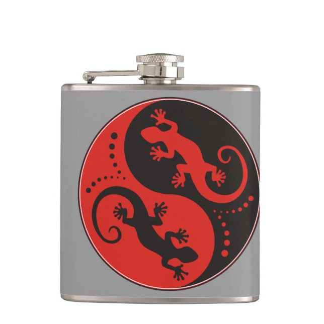YIN & YANG Geckos black red + your background idea Hip Flask (Front)