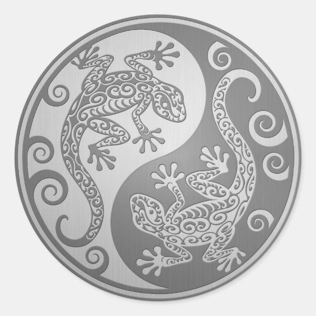 Yin Yang Geckos, Stainless Steel Effect Classic Round Sticker (Front)