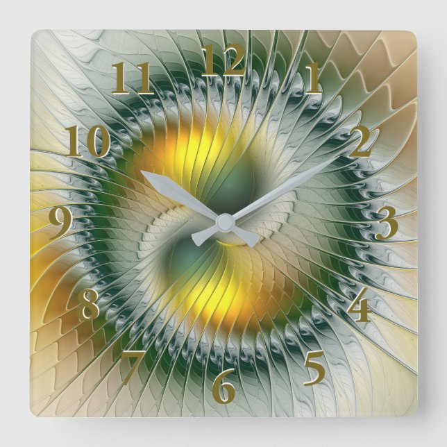 Yin Yang Green Yellow Abstract Colorful Fractal Square Wall Clock (Front)