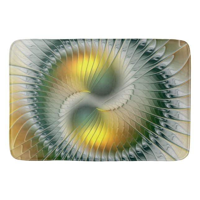 Yin Yang Green Yellow Abstract Colourful Fractal Bath Mat (Front)