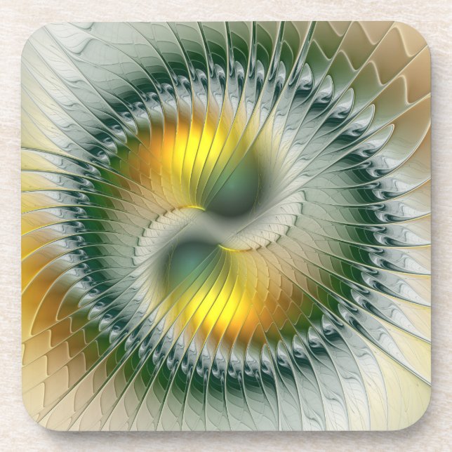 Yin Yang Green Yellow Abstract Colourful Fractal Coaster (Front)