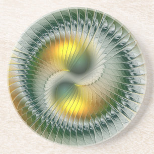 Yin Yang Green Yellow Abstract Colourful Fractal Coaster