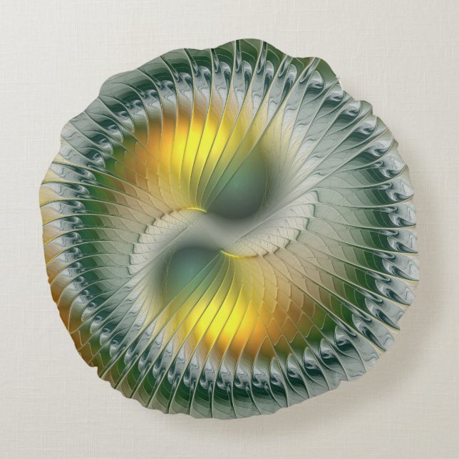 Yin Yang Green Yellow Abstract Colourful Fractal Round Cushion (Back)