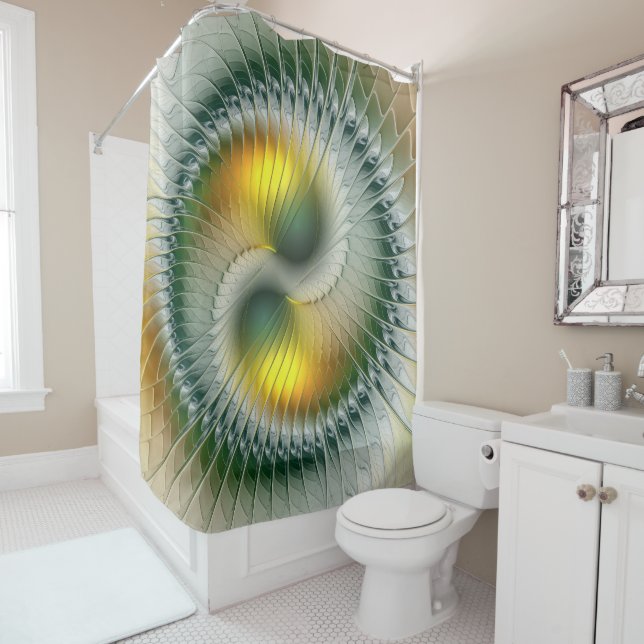 Yin Yang Green Yellow Abstract Colourful Fractal Shower Curtain (In Situ)