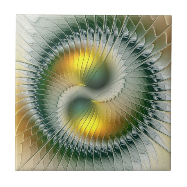 Yin Yang Green Yellow Abstract Colourful Fractal Tile (Front)