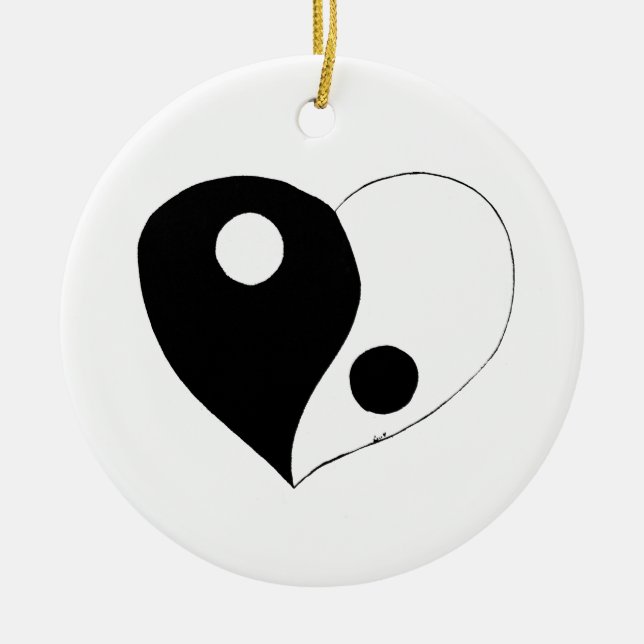 Yin Yang Heart (B/W) Ceramic Tree Decoration (Front)