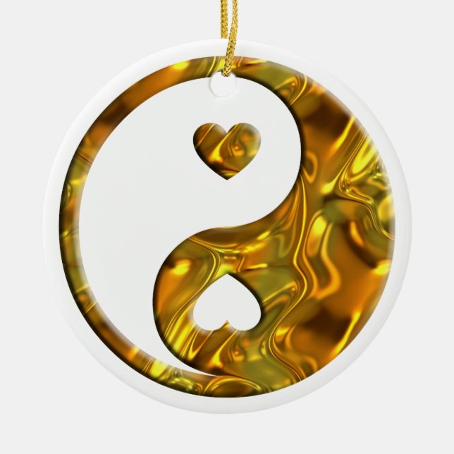 Yin & Yang / Hearts gold Ceramic Tree Decoration (Front)