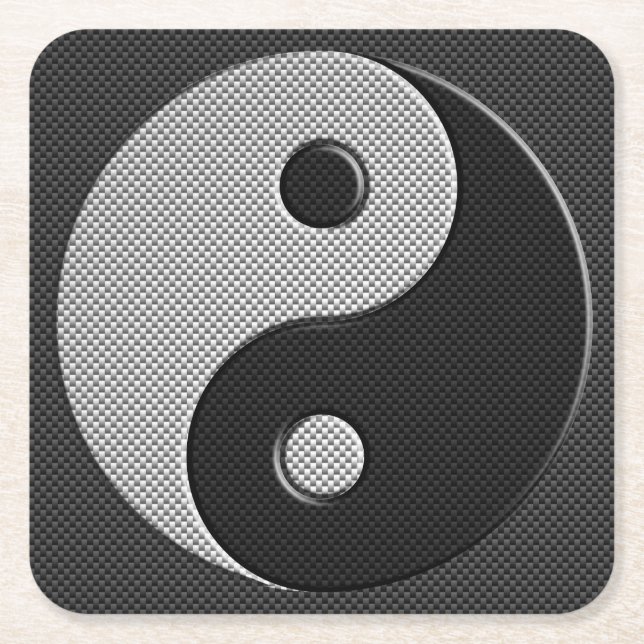 Yin Yang in Carbon Fibre Print Style Square Paper Coaster (Front)