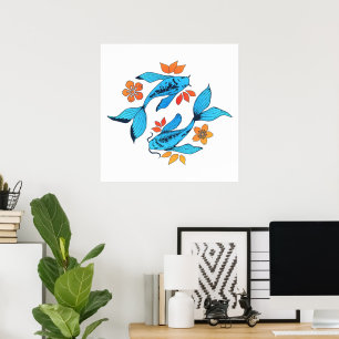 Yin Yang Koi Fish Blue Poster