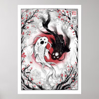 Yin yang koi fishes japanese poster