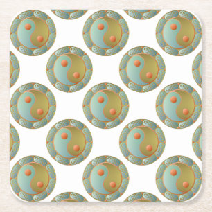 Yin Yang Medallion Gold Turquoise Square Paper Coaster
