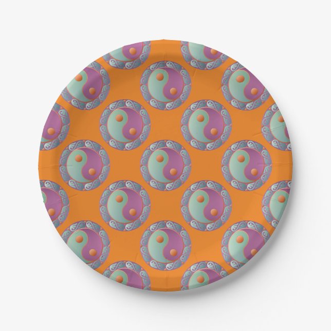 Yin Yang Medallion Violet Turquoise Paper Plate (Front)