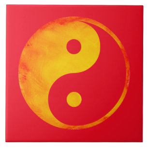 Yin Yang Orange and Yellow Watercolor on Red Tile