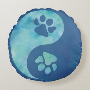 Yin Yang Paw Blue Round Cushion