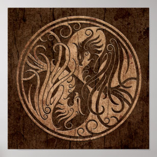 Yin Yang Phoenix with Wood Grain Effect Poster