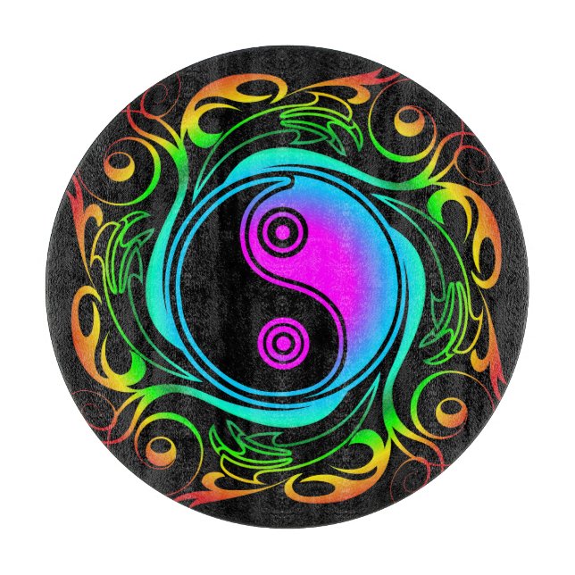 Yin Yang Psychedelic Rainbow Tattoo Cutting Board (Front)
