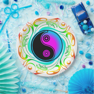 Yin Yang Psychedelic Rainbow Tattoo Paper Plate