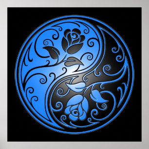 Yin Yang Roses, blue and black Poster