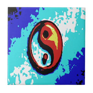 Yin Yang Sign Red and Blue Artistic Tile