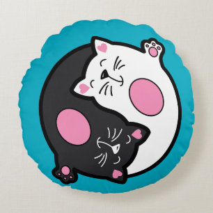Yin Yang Sleeping Cats In Black And White  Round Cushion
