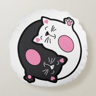 Yin Yang Sleeping Cats In Black And White  Round Cushion