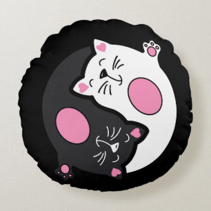 Yin Yang Sleeping Cats In Black And White Round Cushion