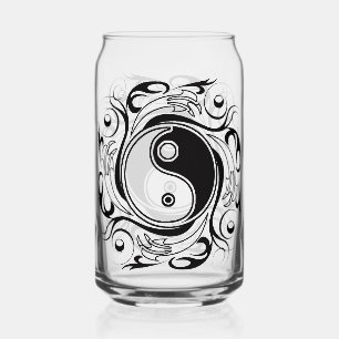 Yin & Yang Symbol Black and White Tattoo Style Can Glass