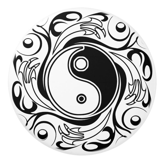 Yin & Yang Symbol Black and White Tattoo Style Ceramic Knob (Front)