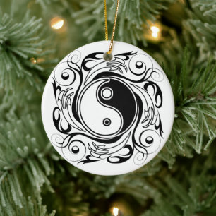 Yin & Yang Symbol Black and White Tattoo Style Ceramic Tree Decoration